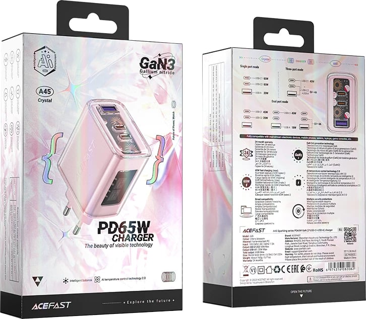 Karikues Acefast A45, GaN, 65W, 3 porta (1x USB, 2x USB-C), rozë