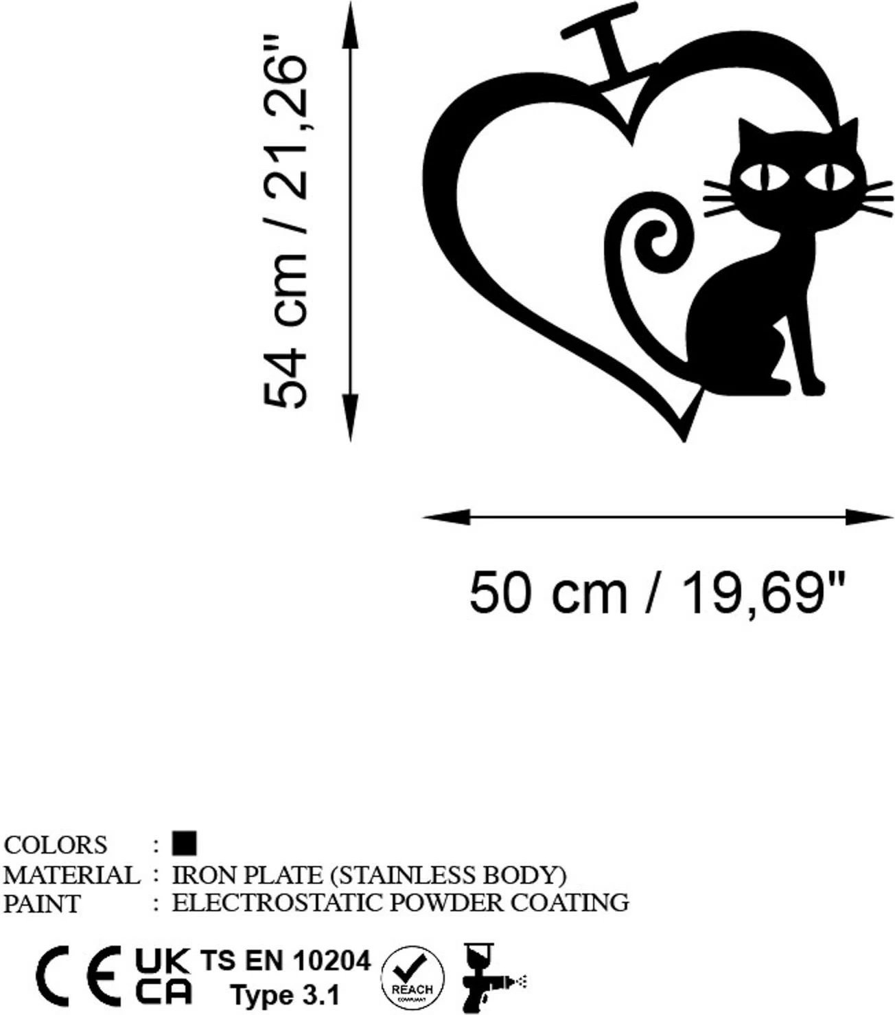 Aksesor dekorativ metalik për mur, mace, Wallity, Cat 4, ngjyrë e zezë, 50x54cm