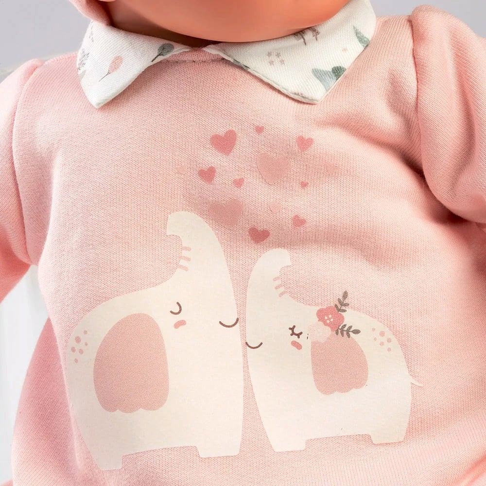 Kukull bebe, Llorens, Joelle 13848, 38 cm, bark pambuku i butë, krahë/këmbë/kokë vinyl, me cicë qetësuese dhe veshje 2-pjesëshe, rozë