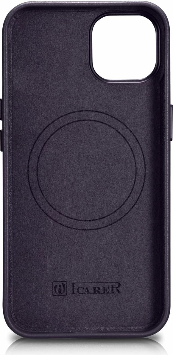 Mbështjellës iCarer për iPhone 14, lëkurë natyrale, MagSafe, Vjollcë e errët