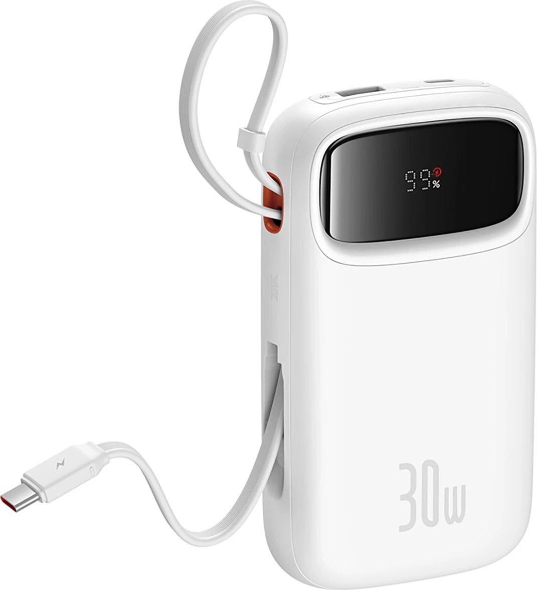 Power bank Baseus QPow 2, 20000mAh, 30W, me 2 kabllo USB-C të integruara, Bardhë