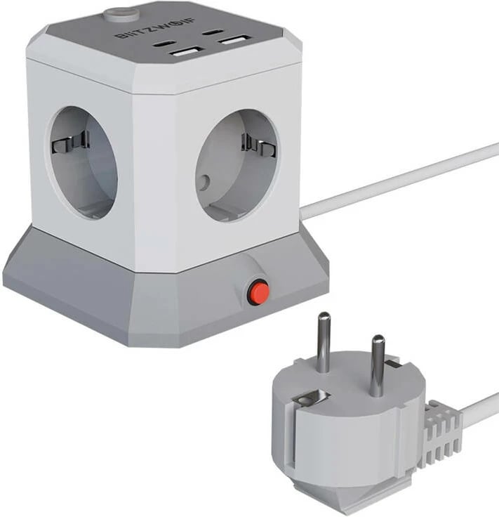 Zgjatues BlitzWolf BW-EC1 me 4 dalje AC, 2 USB-A, 2 USB-C, 1.8m, Gri