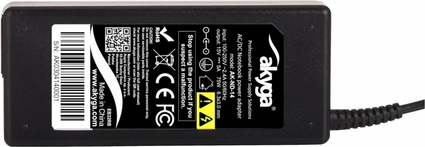 Adapter laptopi Akyga AK-ND-14, 75W, 15V/5A, 6.3x3.0mm, për Toshiba