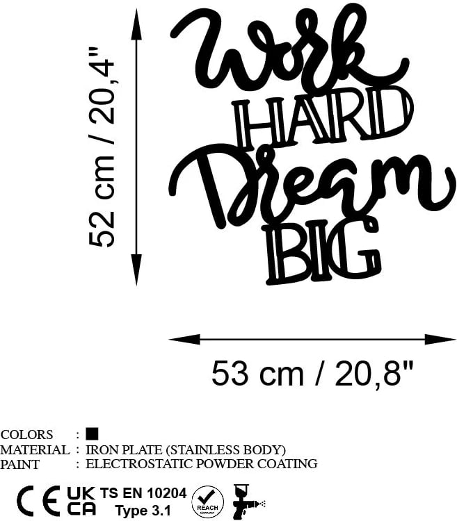 Aksesor dekorativ metalik për mur, Work Hard Dream Big, Wallity, ngjyrë e zezë