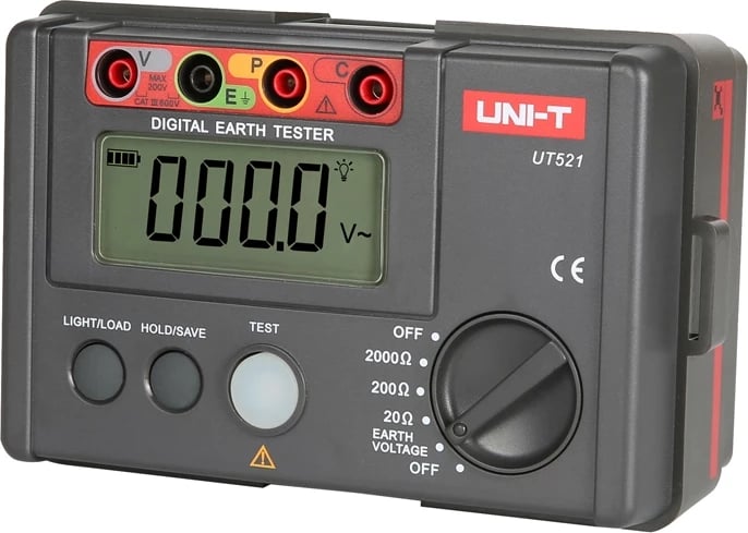 Testues tokëzimi, UNI-T UT521, matje 2/3 tela, gamë 0–4000 Ω, matje tensioni toke AC 0–400 V, memorie 20 sete, ekran me ndriçim, e kuqe/gri