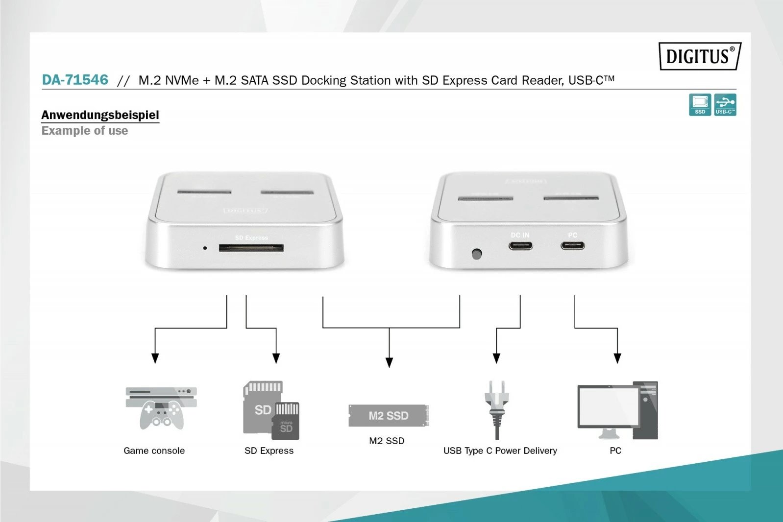 Docking station Digitus DA-71546 për SSD M.2 NVMe/SATA dhe SD-Express, Argjendtë