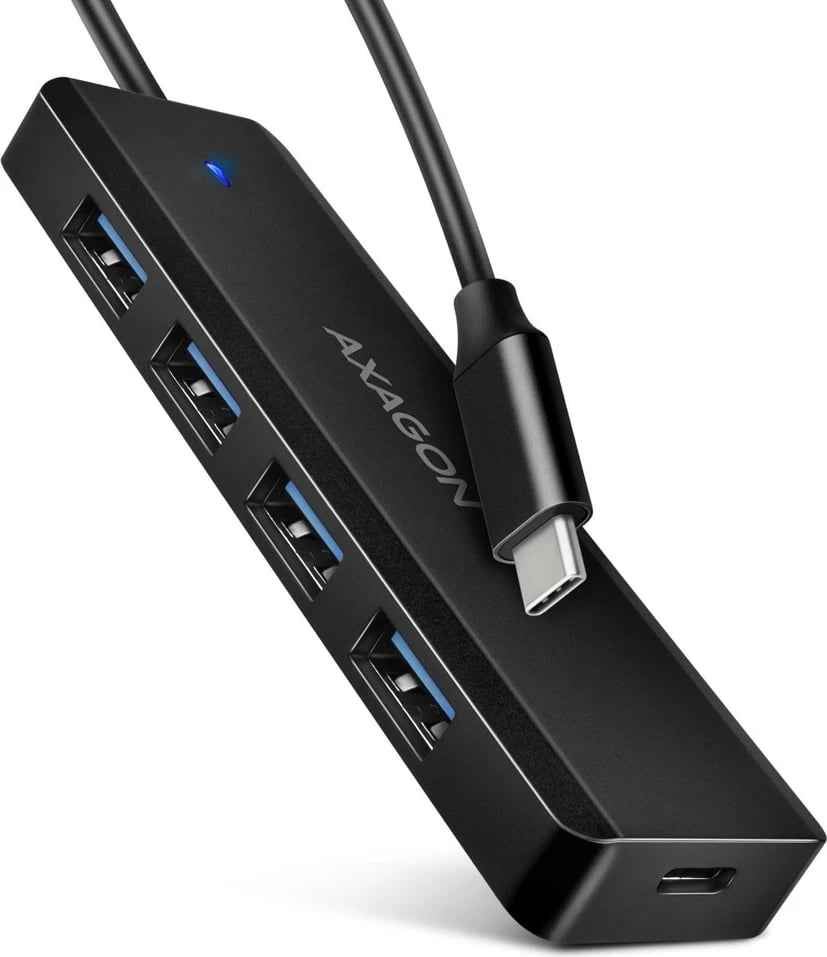 Hub USB AXAGON HUE-C1C, 4 porta, USB 5Gbps, kabllo Type-C 19cm, furnizim shtesë me USB-C, i zi