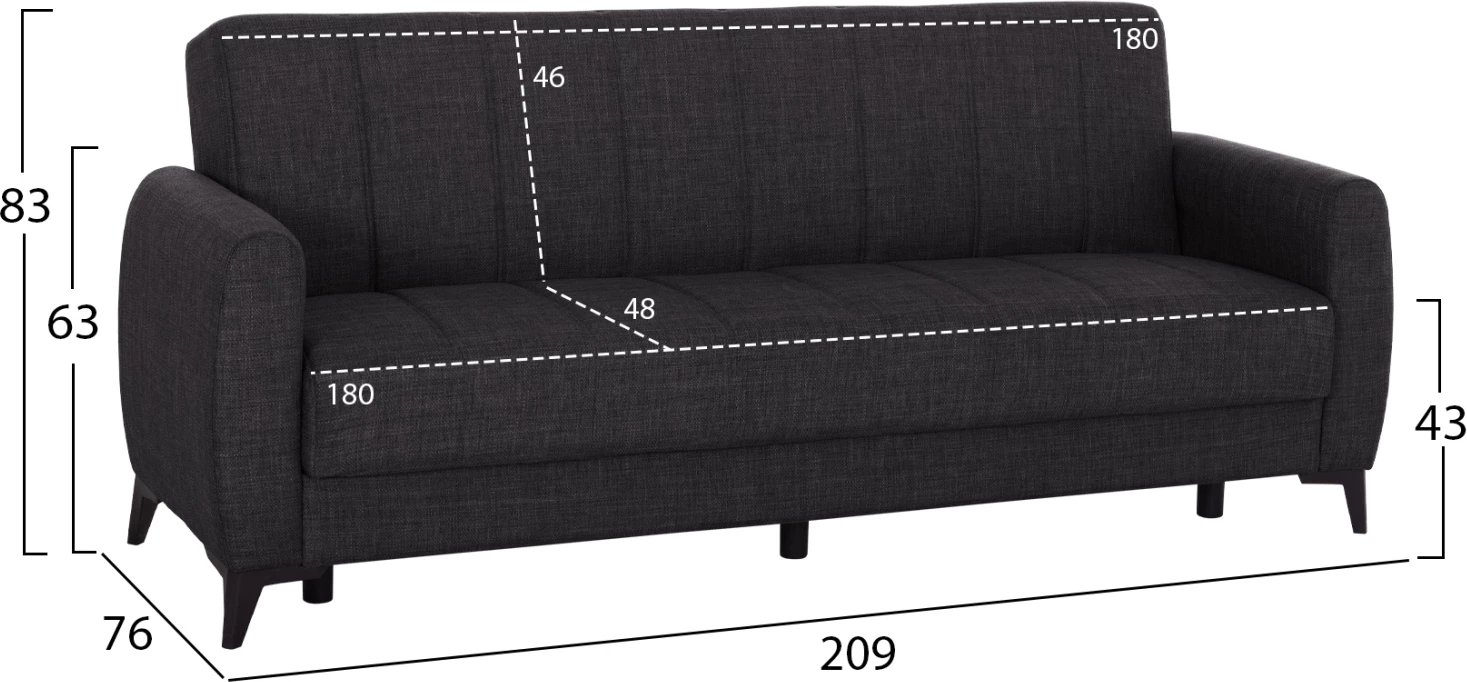 Divan-krevat treshe me hapësirë për depo, ngjyrë gri, NIKKO FH3292.01, 209x76x83cm