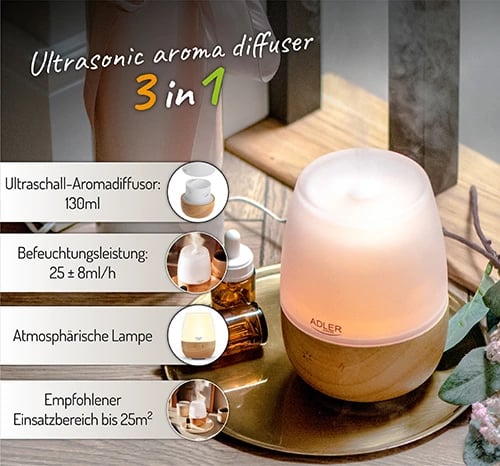 Difuzor arome ultrasonik 3-në-1, Adler AD 7967, rezervuar 130ml, deri 25m², 7 ngjyra LED, AUTO-OFF
