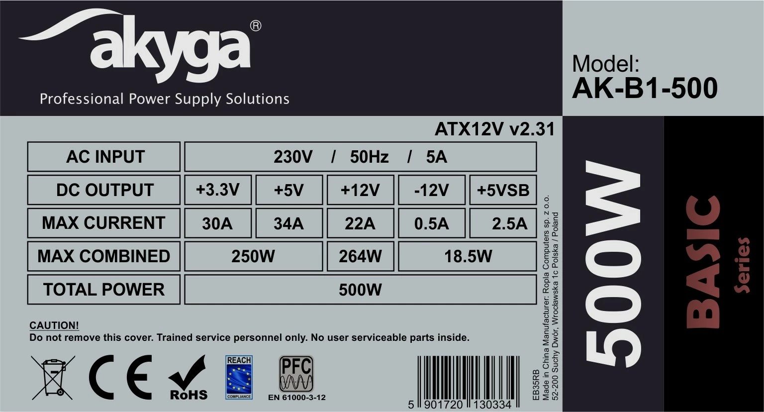Kasë furnizimi AKYGA AK-B1-500, 500W, ATX, 3x SATA, 2x MOLEX, PCI-E 6+2 pin, 12cm fan