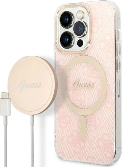 Set mbështjellës Guess GUBPP14LH4EACSP me karikues wireless për iPhone 14 Pro 6.1", rozë