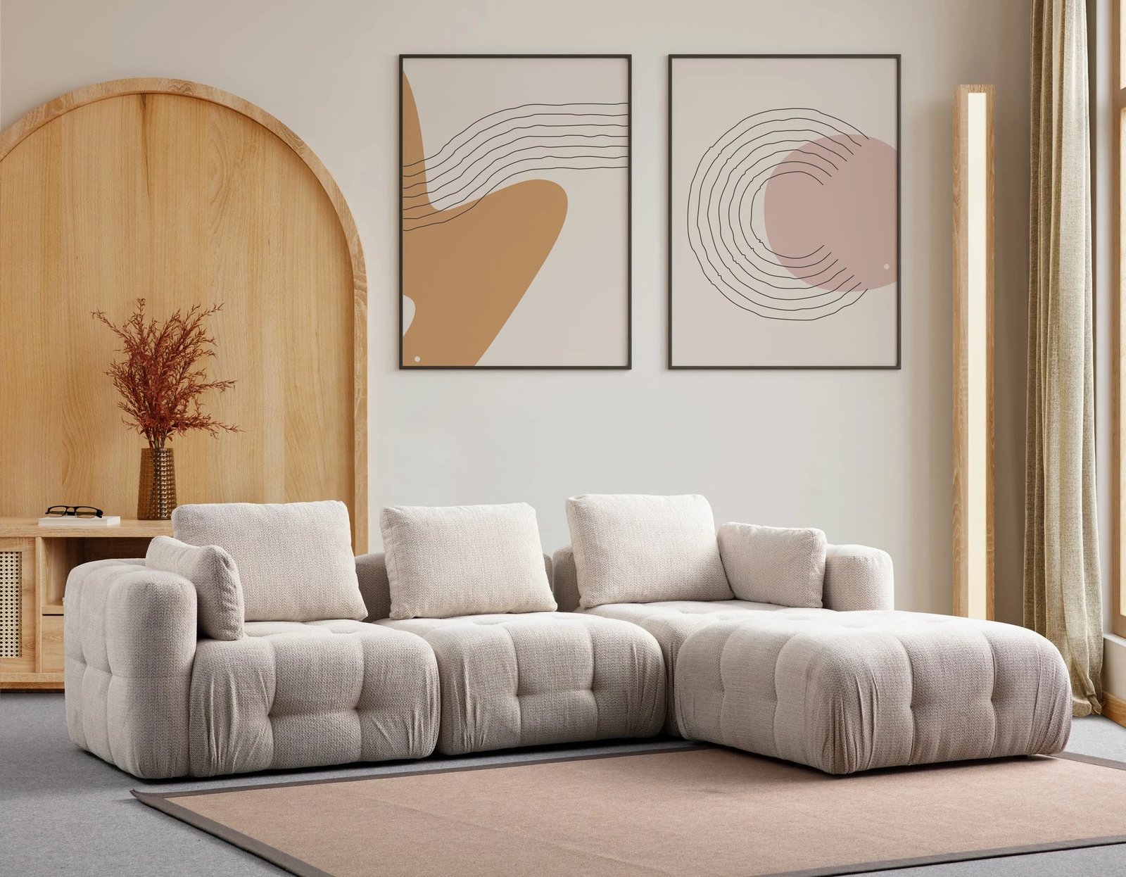 Këndare Amaris 3 vende me pouffe, bezhë