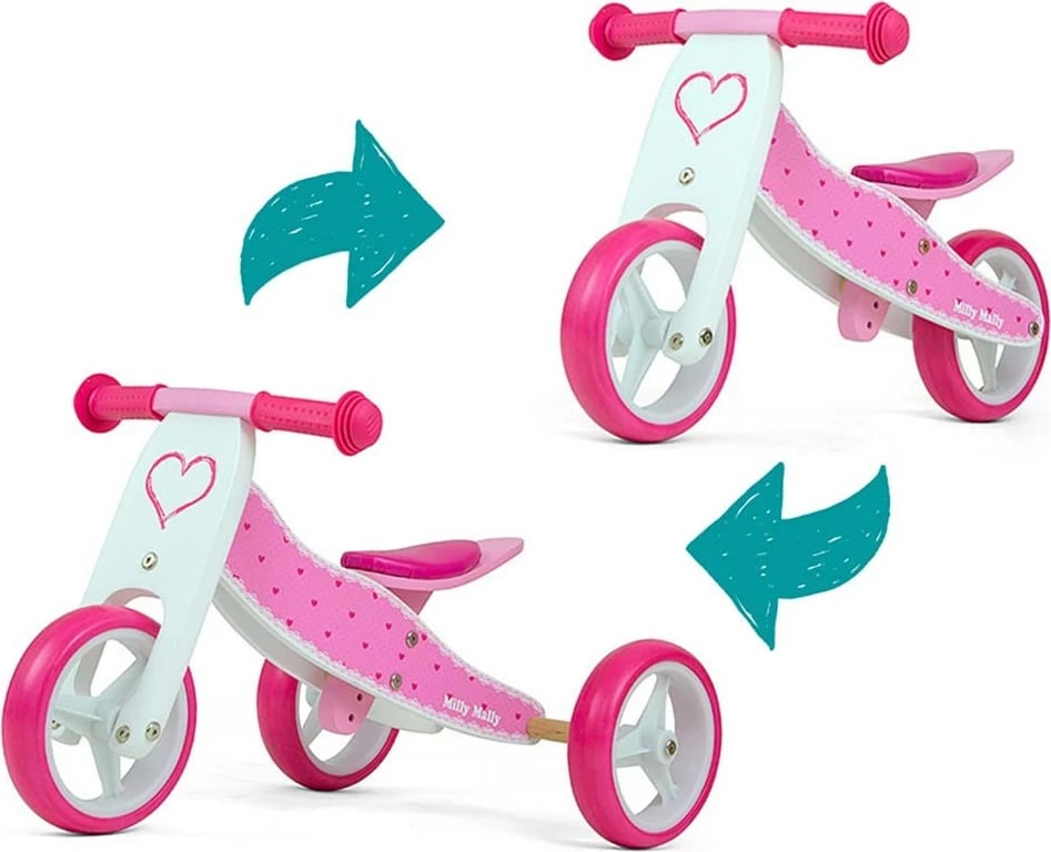 biçikletë-balancuese/triçikël druri 2n1, Milly Mally, JAKE Hearts, rrota shkumë 7\", ulëse e rregullueshme, 18–36 muaj, 25 kg, rozë