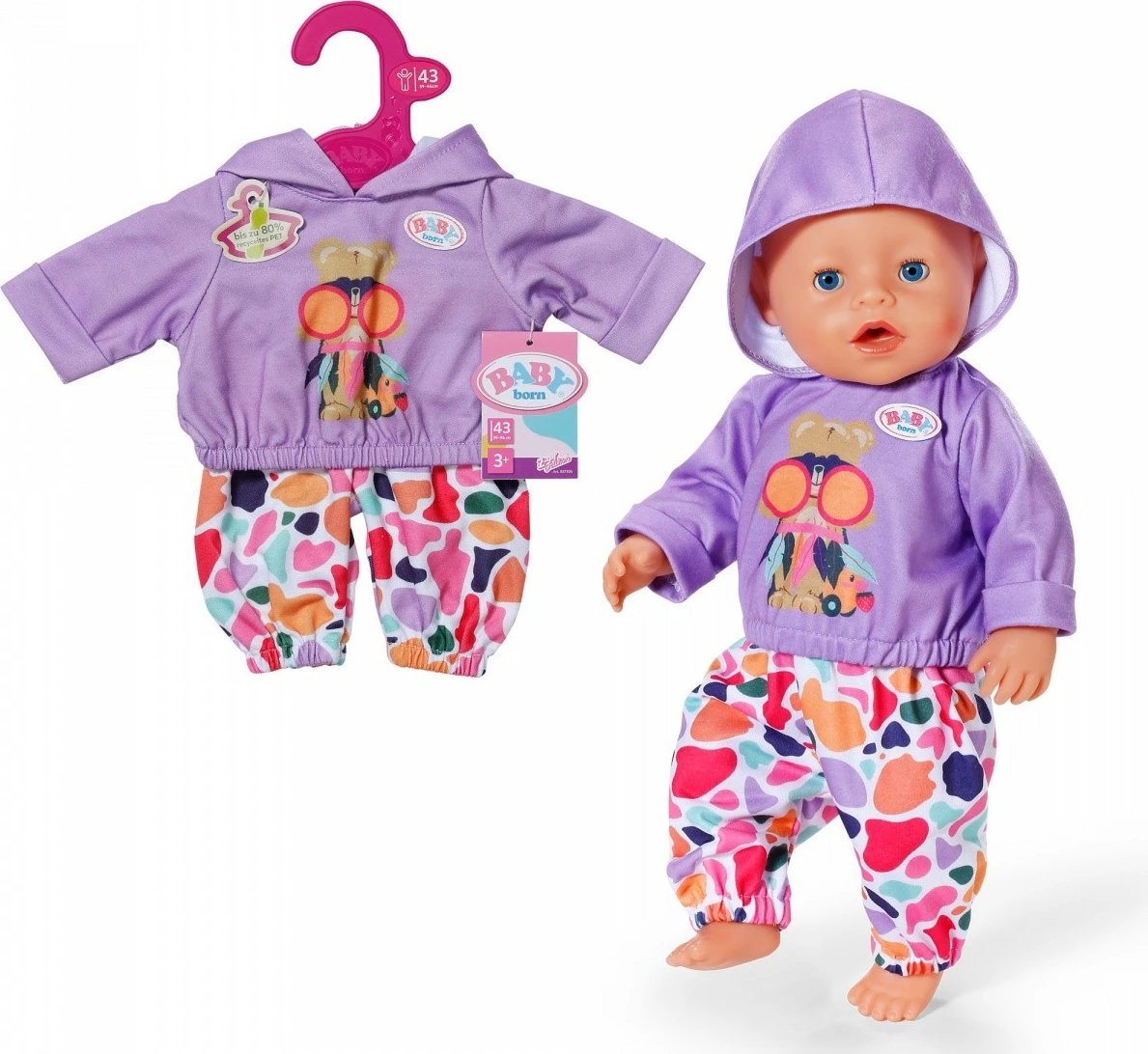 Set bluzë me kapuç dhe pantallona për kukull, Baby Born 837306-116725, për 43 cm, 2-copëshe, shumëngjyrëshe