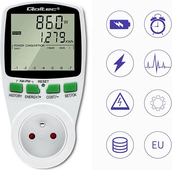 Matës i konsumit të energjisë Qoltec PM0627, 3680W, 16A, LCD, Bardhë