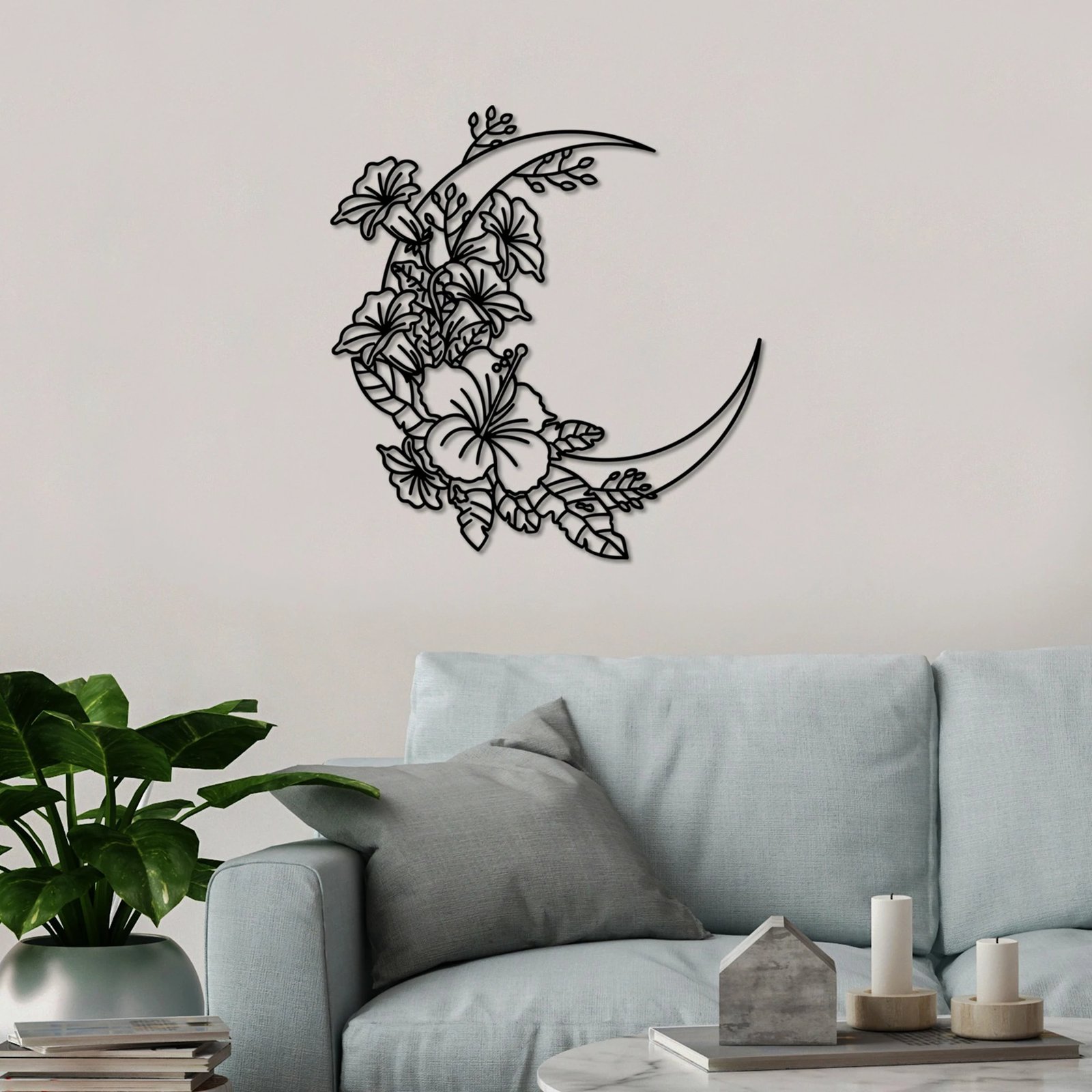 Aksesor dekorativ metalik për mur, Wallity, Flower Moon 1 - L, ngjyrë e zezë, 70x66cm