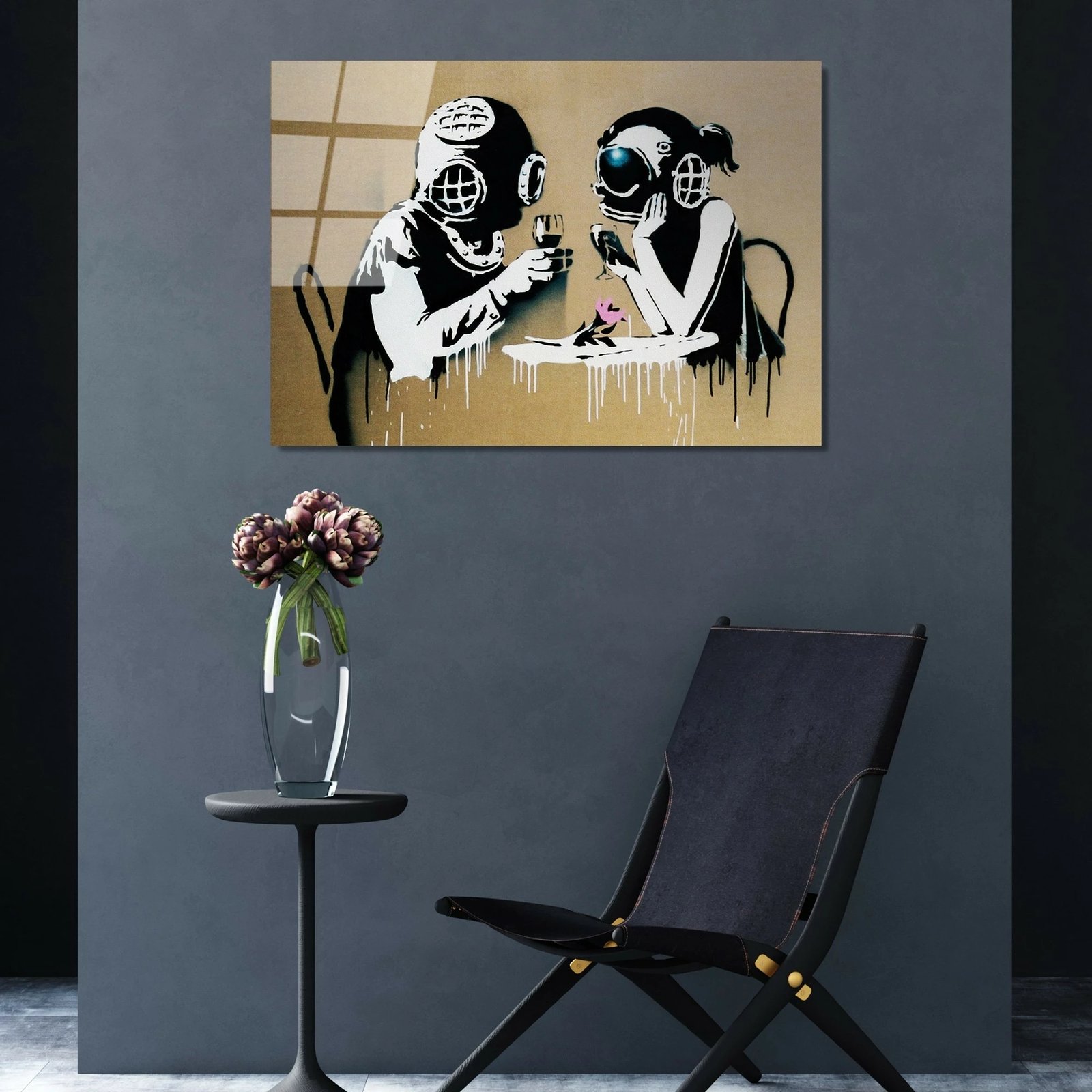 Pikturë dekorative prej xhami të temperuar, Banksy, shumëngjyrëshe, 45x65cm