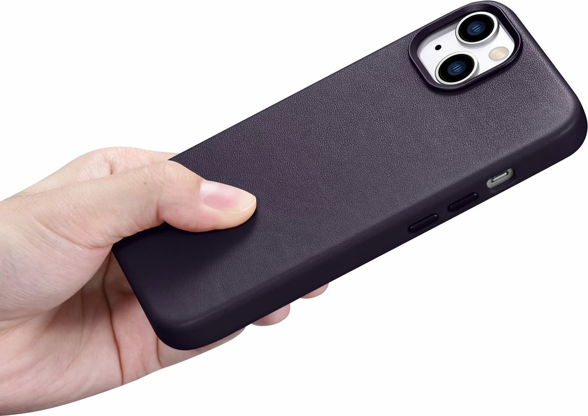 Mbështjellës iCarer për iPhone 14, lëkurë natyrale, MagSafe, Vjollcë e errët