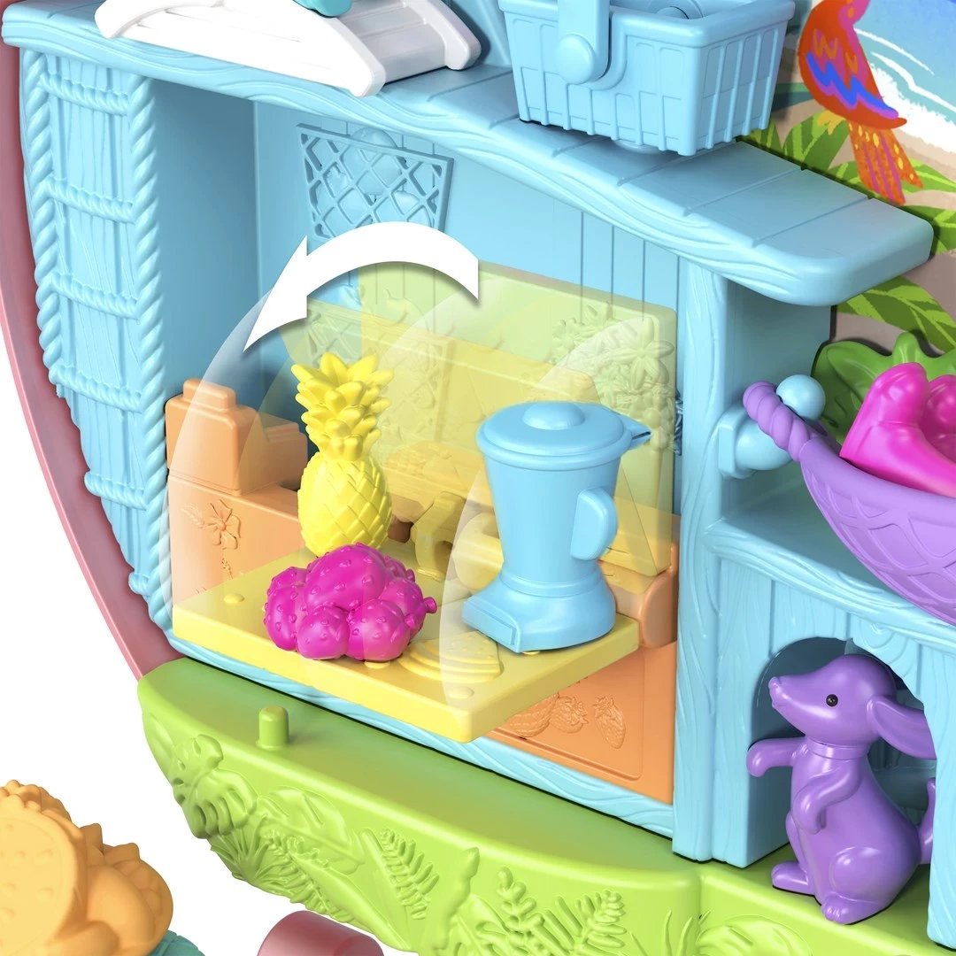 Set lodrash Polly Pocket Adventure Moped Compact me 2 kukulla të vogla dhe kafshë lodër, shumëngjyrëshe