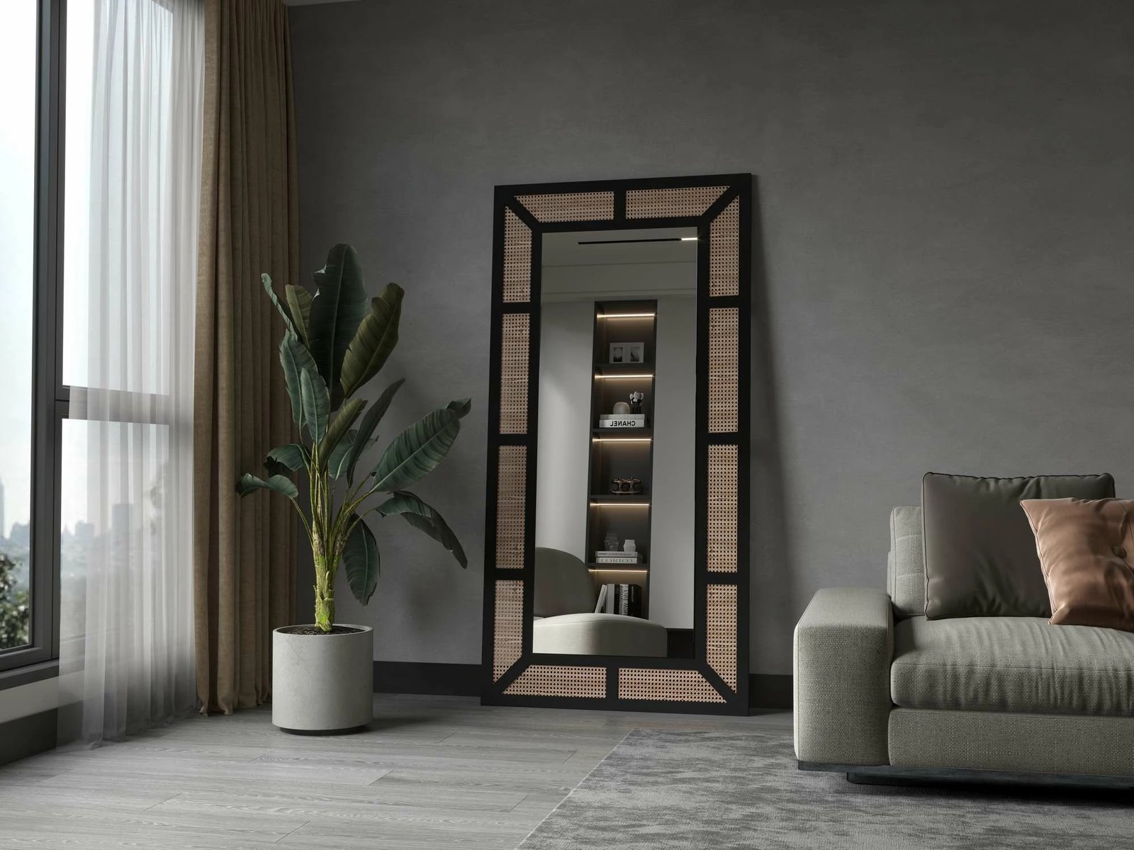 Pasqyrë e madhe Cheval, ratan e zezë, Skye Decor