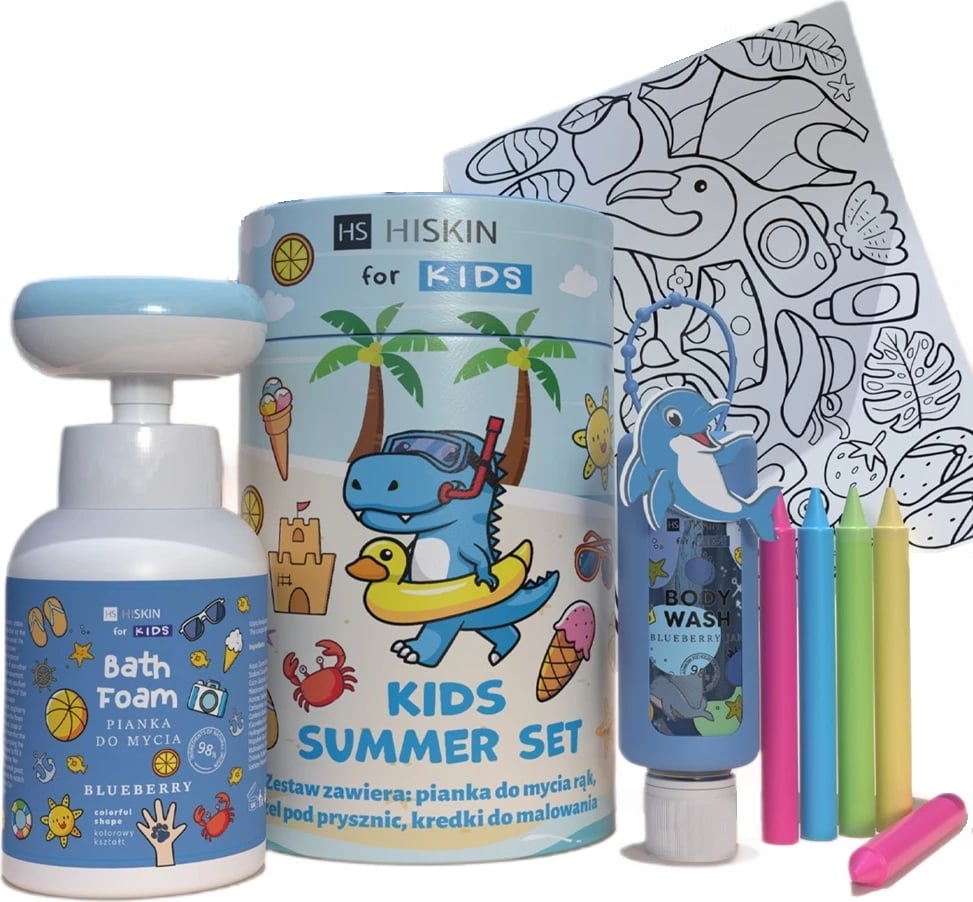 Set për banjë për fëmijë HiSkin Summer Blue, 75ml + 300ml + 5 lapsa + libër për ngjyrosje Set për banjë për fëmijë HiSkin Summer Blue, 75ml + 300ml + 5 lapsa + libër për ngjyrosje