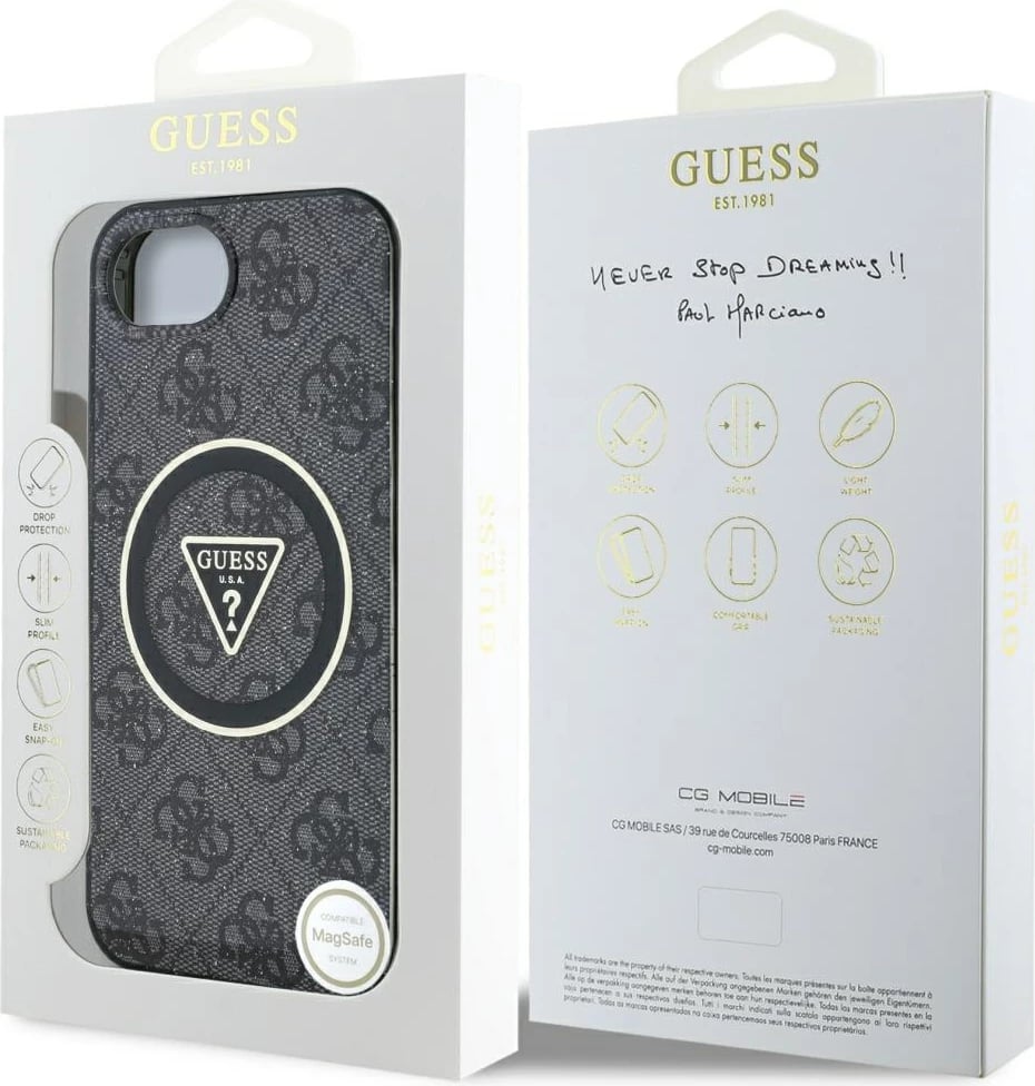 Mbështjellës Guess IML Metal Glitter 4G Circle Triangle MagSafe për iPhone 16e, i zi