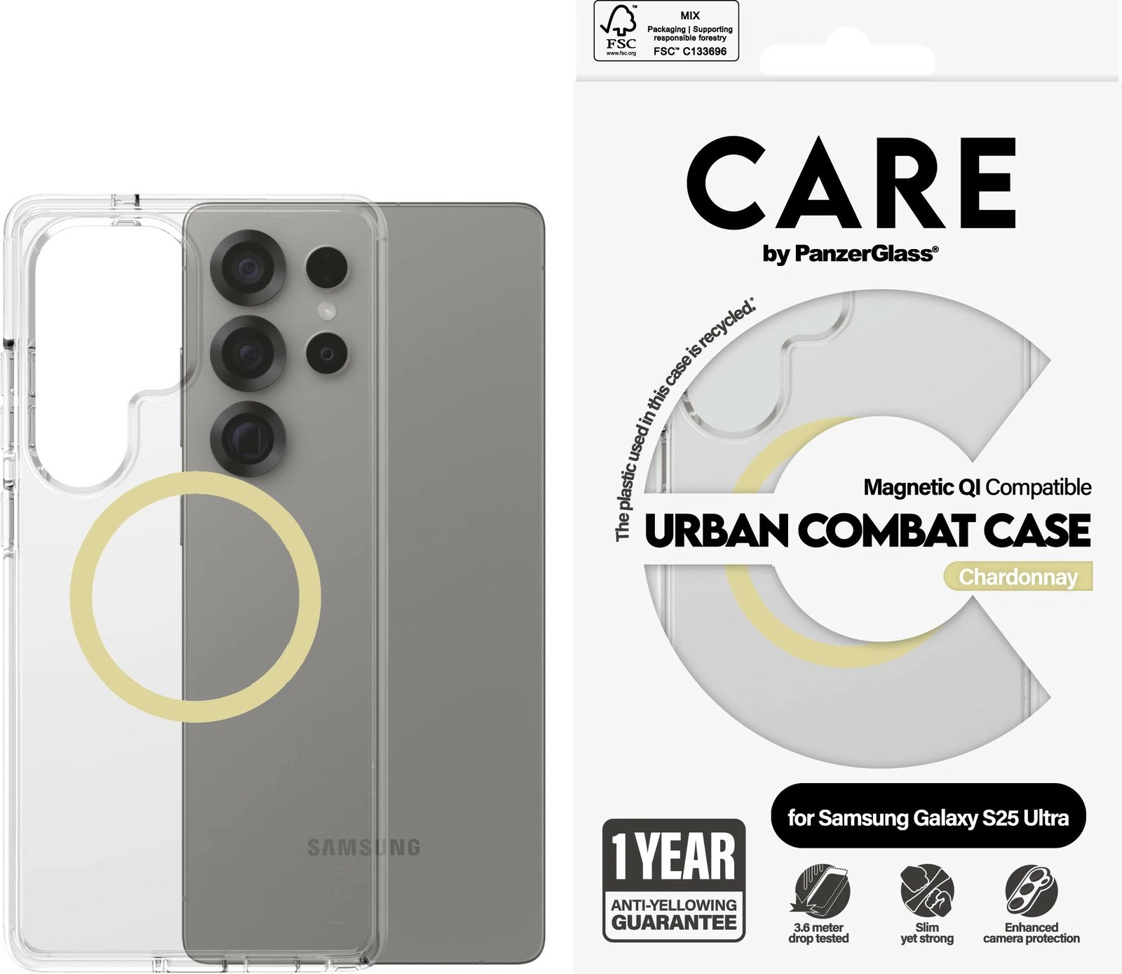 Mbështjellës PanzerGlass CARE Flagship Case Clear Chardonnay QI për Galaxy S25 Ultra transparent