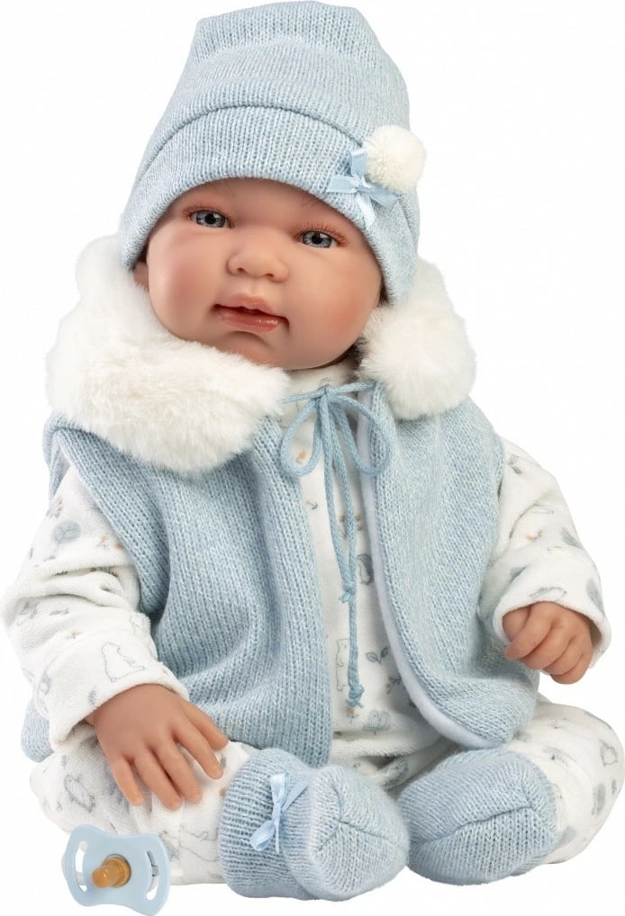 Kukull bebe vajtuese, Llorens, 84485 Tino, 44 cm, qarje me shtypje në bark, bateri LR44 të përfshira, set me 4 pjesë + biberon, blu e çelët