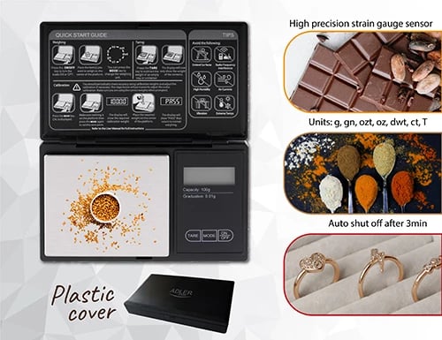 Peshore precize, Adler, AD 3176, kapacitet 100 g / saktësi 0.01 g, ekran LCD me ndriçim, e zezë