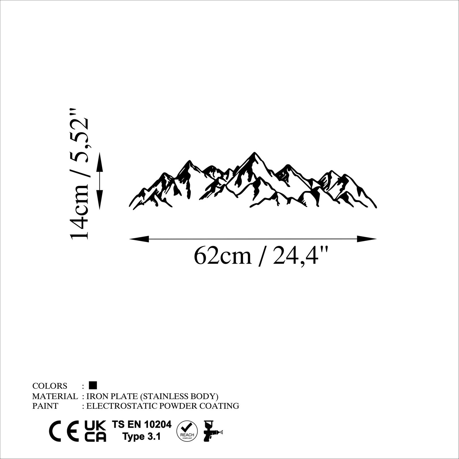 Aksesor dekorativ metalik për mur, pamje mali, Wallity, i zi, 62x14cm