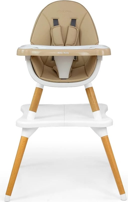 Karrige e lartë 2-në-1 për fëmijë, Milly Mally Malmo, dru fagu, tabaka e heqshme, rrip sigurie 5-pikësh, eko-lëkurë, deri 6 vjet, bezhë, set karrige e ulët + tavolinë