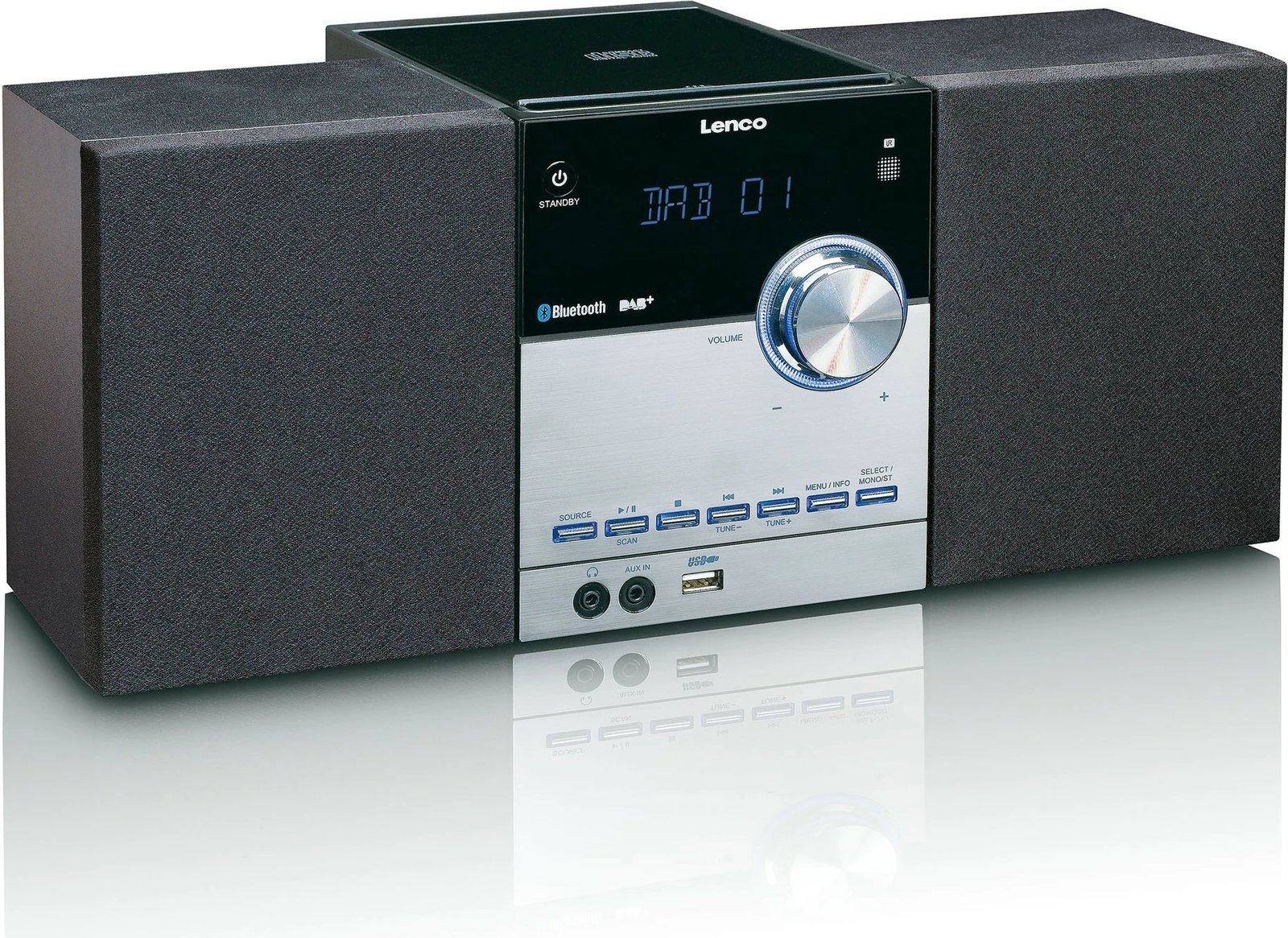 Sistem zëri Lenco MC-150, Bluetooth, radio FM, USB, ngjyrë e zezë/argjendtë