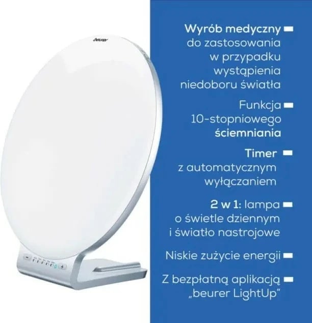 Lampë dite, Beurer TL100, 10000 lux, timer LED, 10 nivele ndriçimi, diametër 33.4 cm, Silver/White