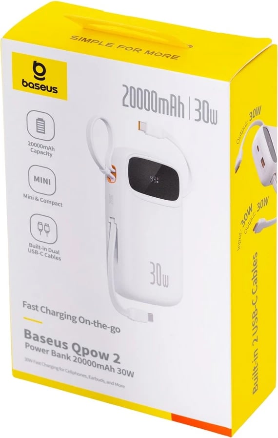 Power bank Baseus QPow2 20000 mAh, i bardhë