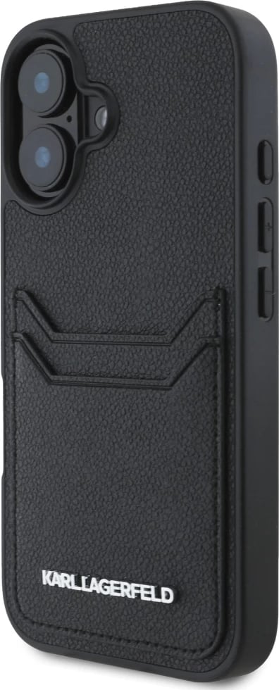Mbështjellës Karl Lagerfeld HC Grained PU Cardslot Metal Elong për iPhone 16, e zezë