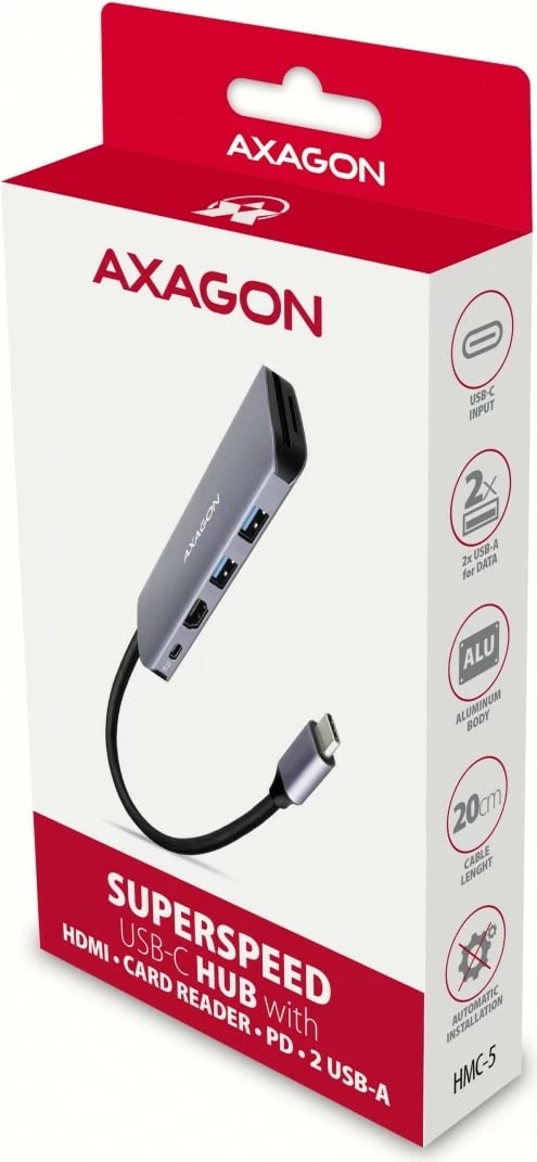 Adapter multiport AXAGON HMC-5, 5 porte, USB-C, HDMI 4K, SD/microSD, Power Delivery 100W, 20cm, zi/gri
