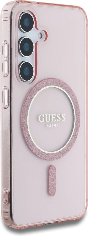 Mbështjellës Guess Glitter Circle Classic Logo MagSafe për Samsung Galaxy S25, Rozë