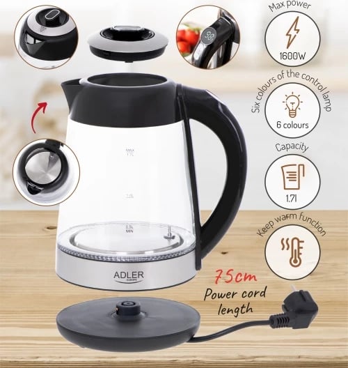 Zjerëse uji elektrike, Adler, AD 1285, 1.7 L, rregullim temperature, ekran LCD, 1850-2200W, qelq inox