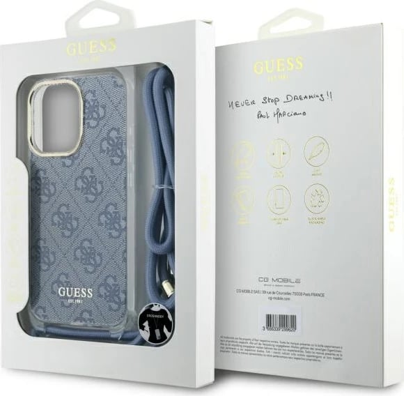 Mbështjellës Guess Crossbody Cord 4G Print për iPhone 16 Pro Max, Kaltër