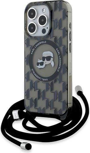Mbështjellës Karl Lagerfeld IML Crossbody Monogram Karl & Choupette Head MagSafe për iPhone 15 Pro Max, i zi