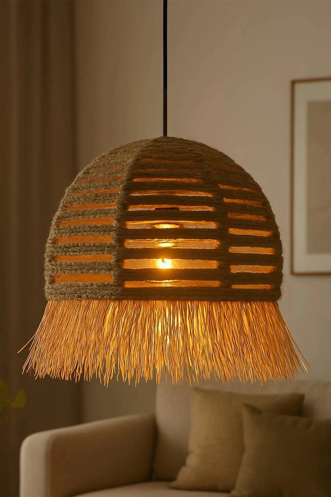 Llambë tavani Opviq, BK070, ngjyrë ecru, kapak rafie, lartësi e rregullueshme Llambë tavani Opviq, BK070, ngjyrë ecru, kapak rafie, lartësi e rregullueshme