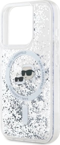 Mbështjellës Karl Lagerfeld Liquid Glitter Karl & Choupette Head MagSafe për iPhone 15 Pro, Transparent