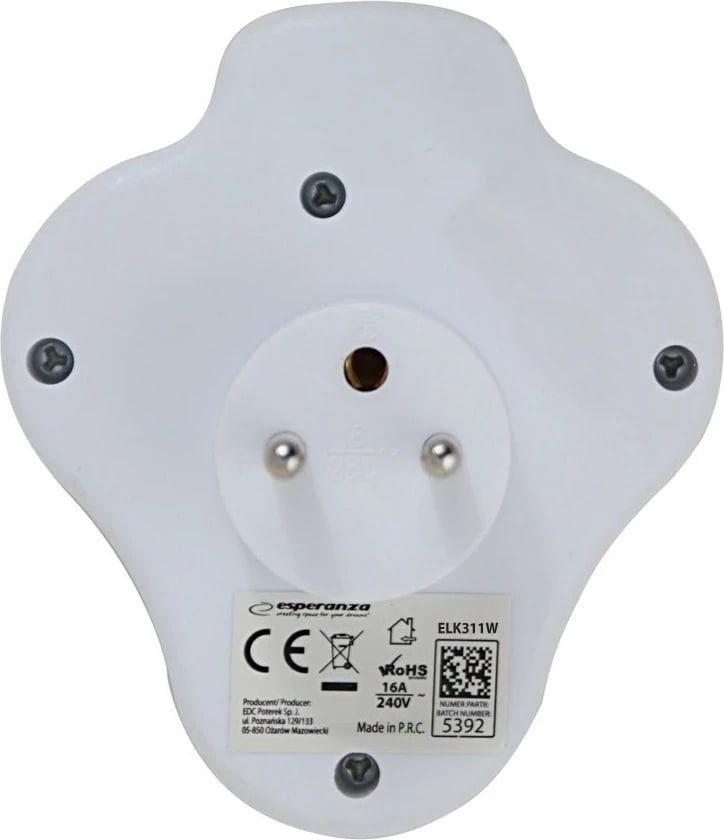 Shpërndarës elektrik Esperanza ELK311W, 2 dalje AC, USB-A, USB-C, Bardhë