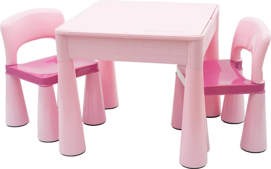 Set tavolinë me dy karrige për fëmijë, NEW BABY, tavolinë 51x51x46 cm, bazë për Lego/Duplo, hapësirë magazinimi, rozë, set 3-copë