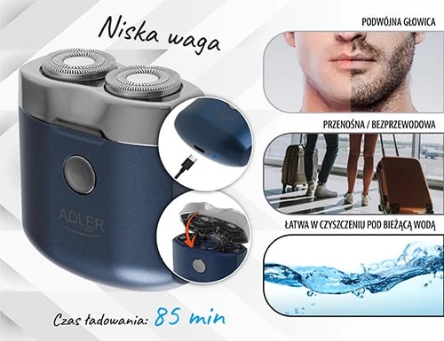 Makinë rroje udhëtimi, Adler AD 2937, dy koka, USB‑C, pa kabllo, bateri 250 mAh, deri 35 min