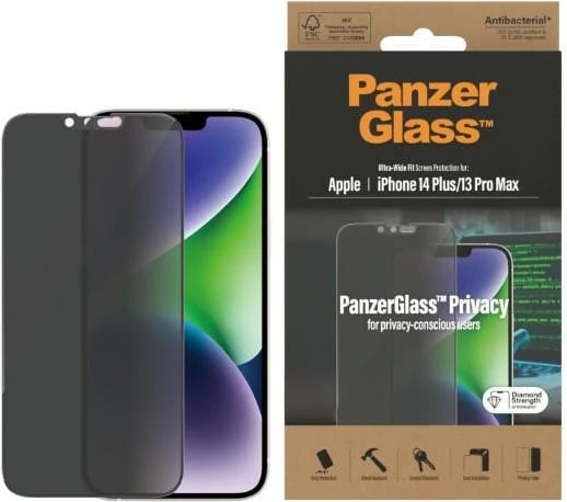 Xham i temperuar PanzerGlass Ultra-Wide Fit Privacy për iPhone 14 Plus/13 Pro Max, Antibakterial