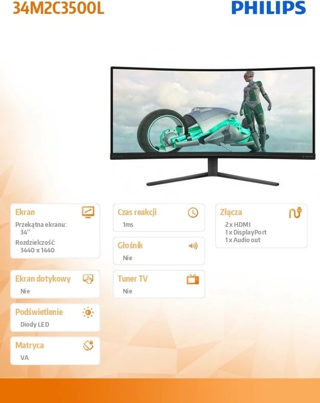 Monitor Philips 34M2C3500L, 34", VA, 180Hz, UltraWide QHD, i zi