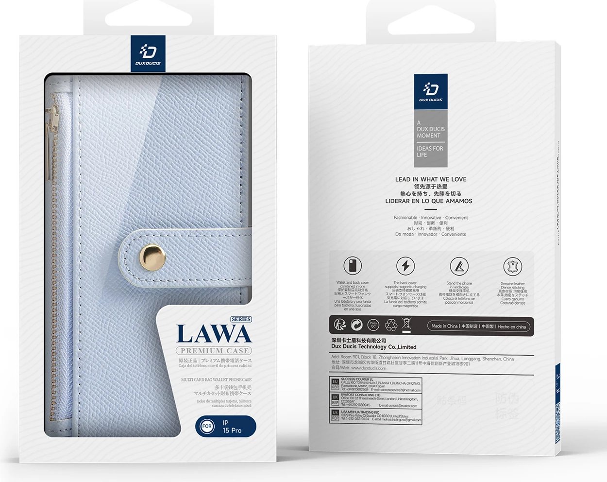 Mbështjellës Dux Ducis Lawa për iPhone 15, lëkurë, me portofol magnetik, kaltër