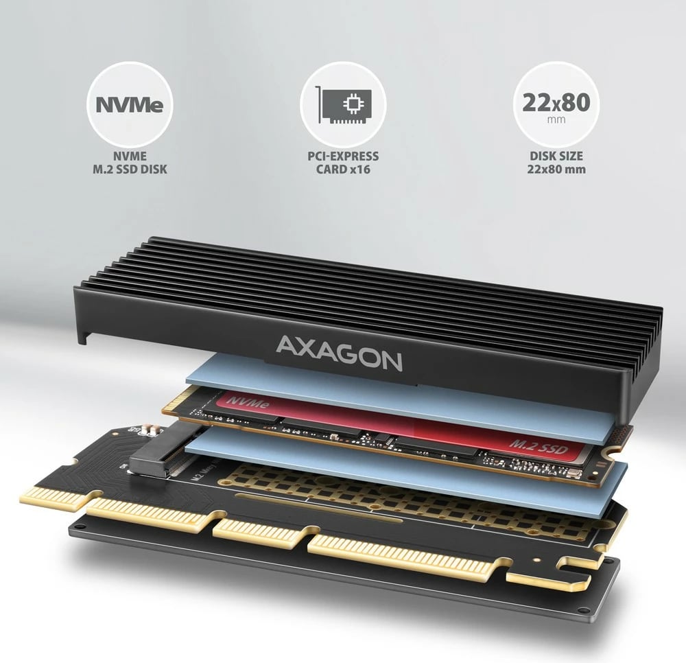 Adapter PCIe AXAGON PCEM2-XS për SSD NVMe M.2 me ftohës, i zi