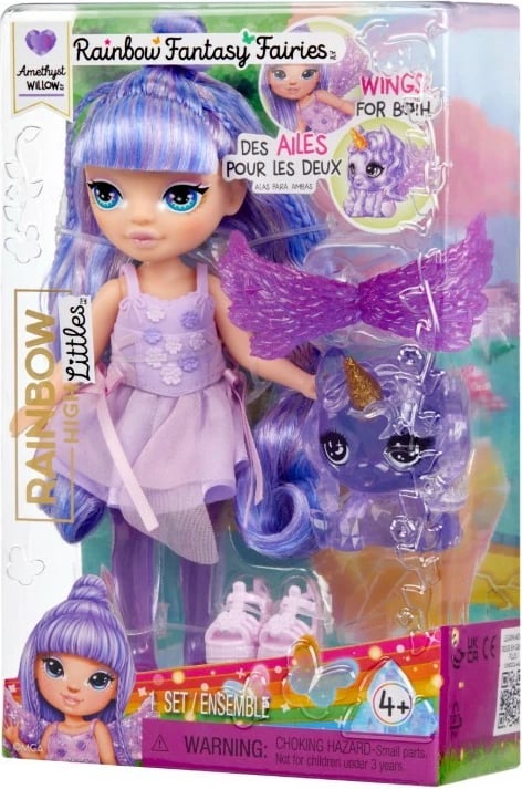 Kukull lodër Rainbow High Littles Amethyst Willow me krahë, 14cm, vjollcë, set me kafshë lodër